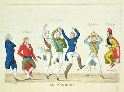 Caricature satirique représentant les principaux protagonistes dansant au Congrès de Vienne en 1815 - French School